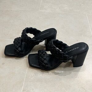 Madden Girl Black Braided Strap Block Heel Mules